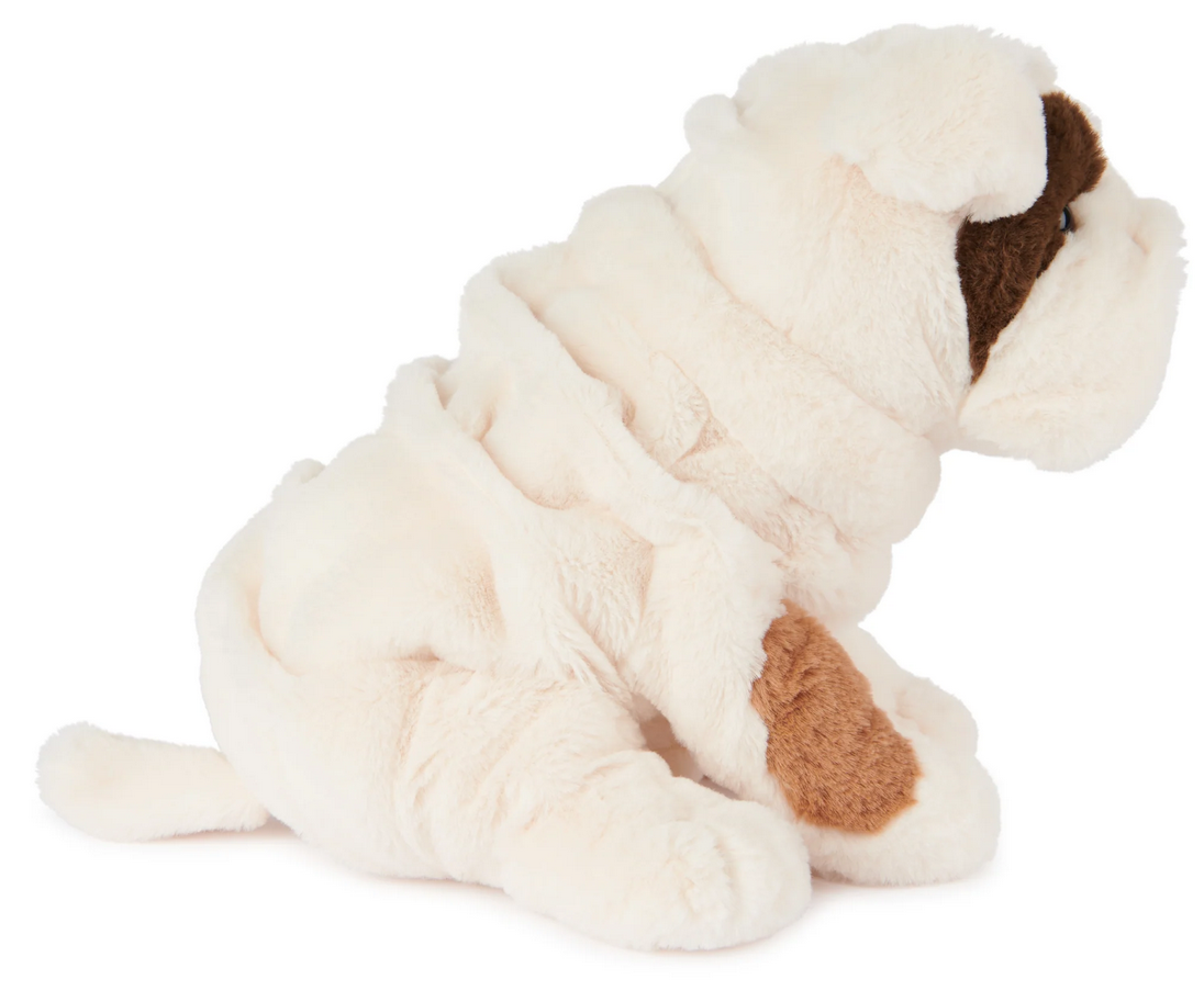 Bulldog Toast plush dog with cream fur, chestnut spots, embroidered paws, and realistic wrinkled bulldog design.