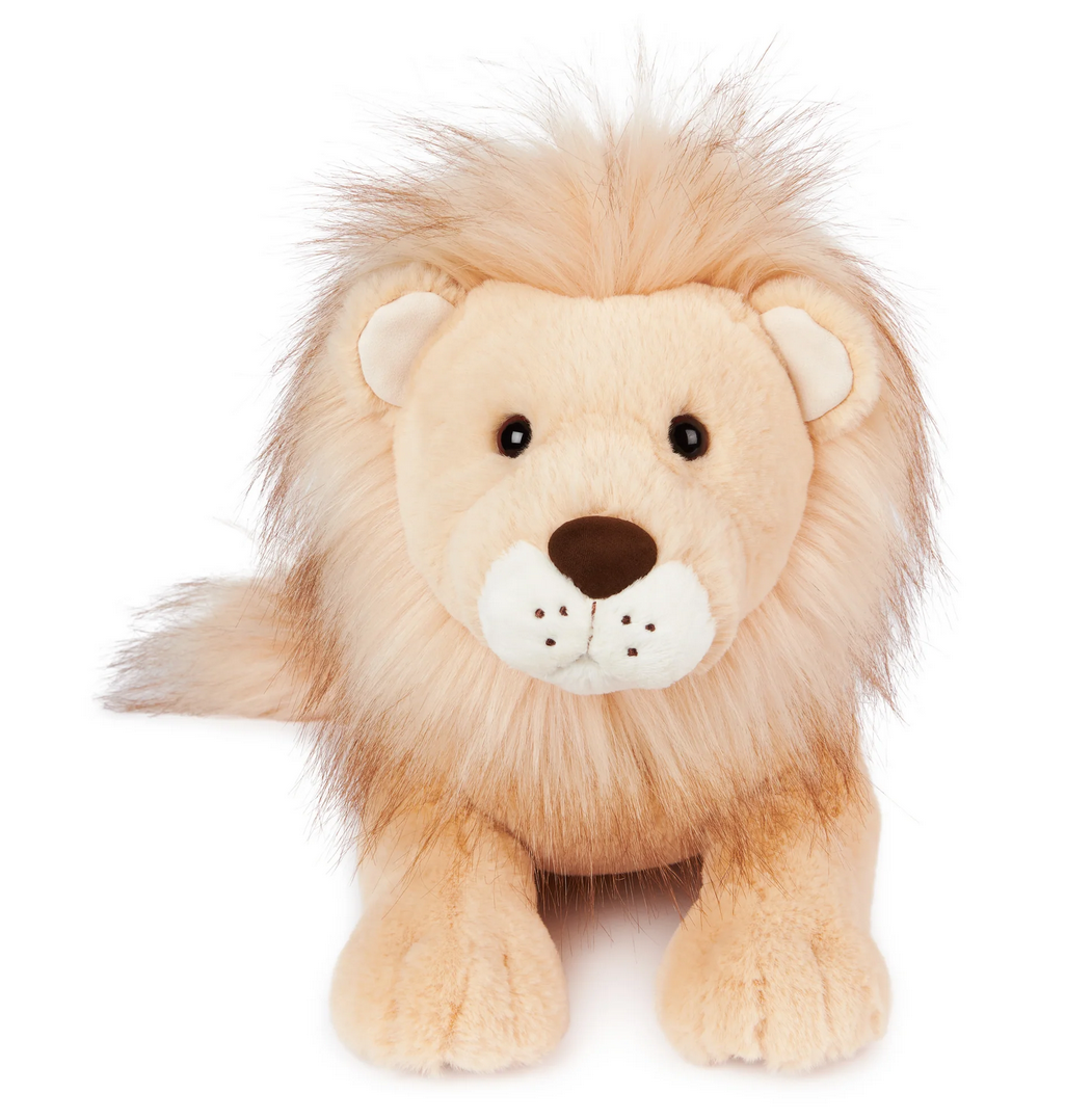 Lion Regis plush toy with fluffy two-tone mane, soft tan fur, and embroidered facial details in relaxed pose.