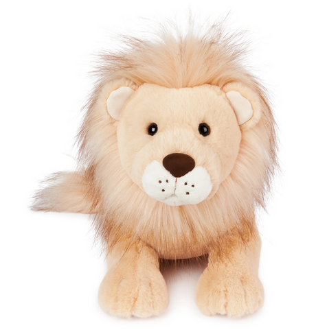 Lion Regis plush toy with fluffy two-tone mane, soft tan fur, and embroidered facial details in relaxed pose.