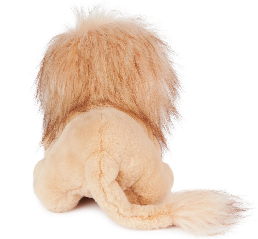 Lion Regis plush toy shown from the back with fluffy two-tone mane and soft tan fur in relaxed pose.