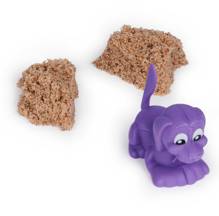 Kinetic Sand Doggie Dig purple dog tool with textured brown kinetic sand pieces for creative play.