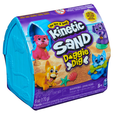 Kinetic Sand Doggie Dig kit with colorful dog molds, 6oz beach sand, and a reusable doghouse container.