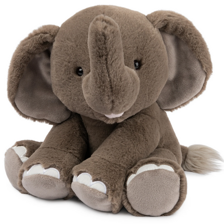 Elephant Chai plush toy with soft gray fur, sitting upright with a friendly smile and warm brown eyes.