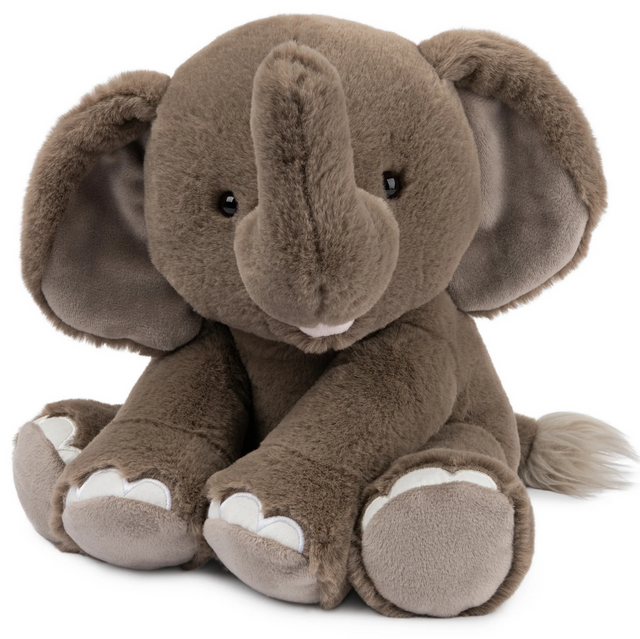 Elephant Chai plush toy with soft gray fur, sitting upright with a friendly smile and warm brown eyes.