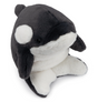 Snuffles Orca Flynn plush toy in black and white with a soft, huggable crescent-moon shape sitting upright.