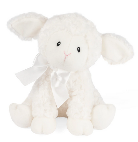 Musical Lamb Lena plush toy with white textured fur, satin ribbon, and embroidered eyes, perfect for soothing babies.