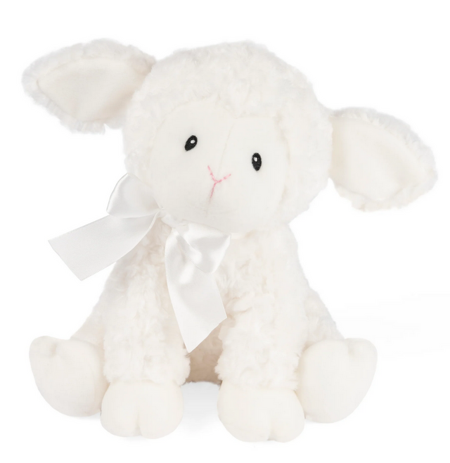 Musical Lamb Lena plush toy with white textured fur, satin ribbon, and embroidered eyes, perfect for soothing babies.