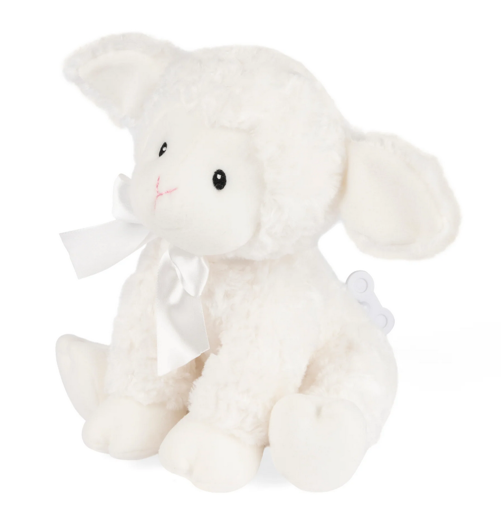 Musical Lamb Lena plush toy with white textured fur, satin ribbon, and wind-up key for soothing lullabies.