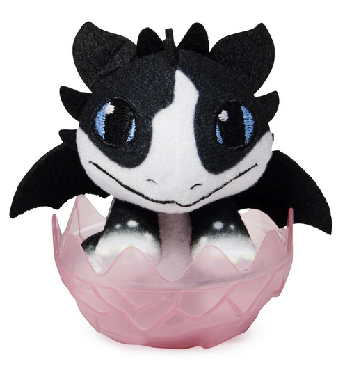DreamWorks Dragons The Nine Realms Egg plush dragon with blue eyes and black wings inside a pink stylized crystal egg