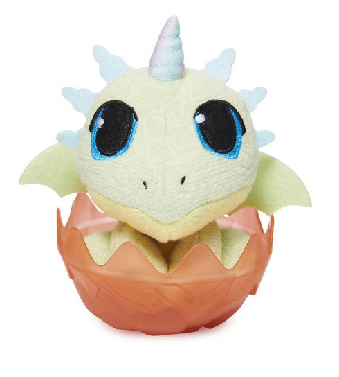 DreamWorks Dragons The Nine Realms Egg plush dragon with large eyes, soft material, and a stylized crystal egg.