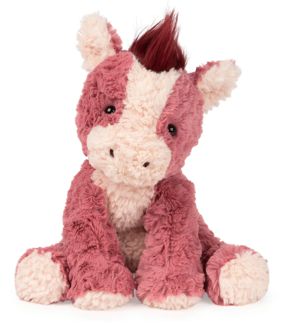 Cozys Horse plush toy with soft pink and cream textured fur, floppy limbs, and a silky red mane and tail.