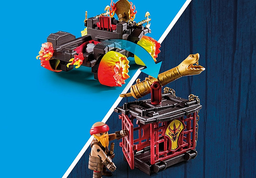 Novelmore | Battering Ram featuring a fiery cannon and ejector seat with a cage and stone dropping function.