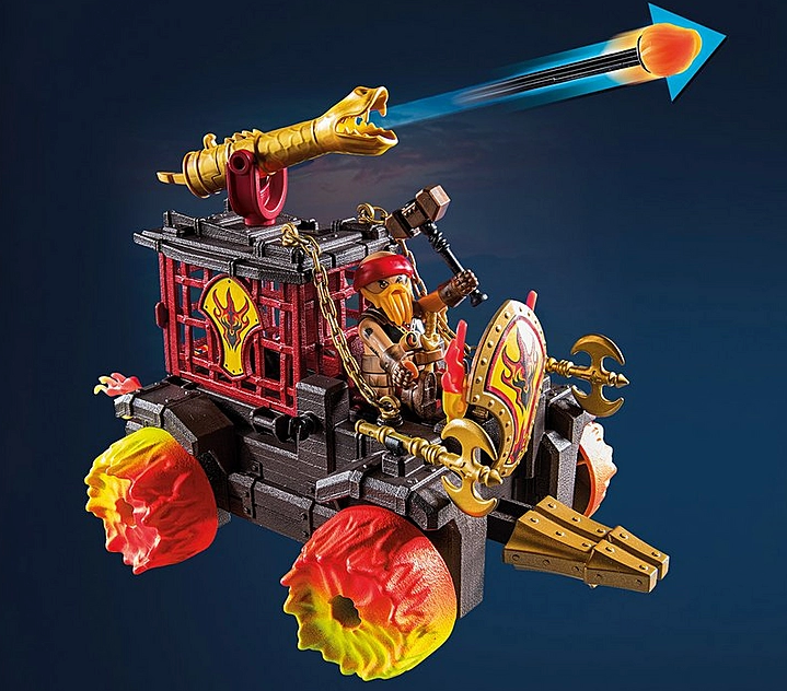 Novelmore | Battering Ram toy with fiery flame cannon, knight figure, and detailed battering ram features in action pose.