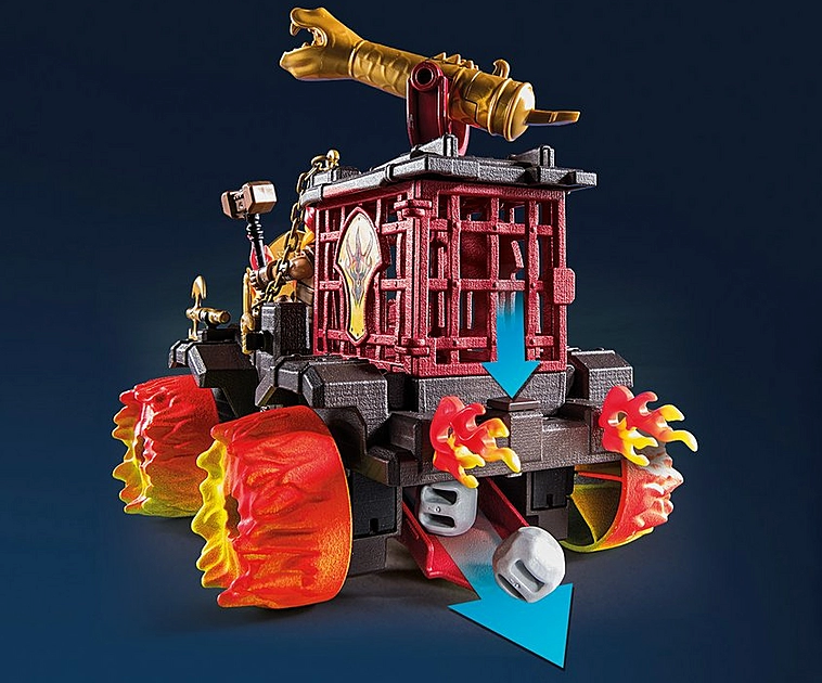 Novelmore | Battering Ram toy with fiery wheels, rotating cannon, ejector seat, and stone-release mechanism on the back cage.