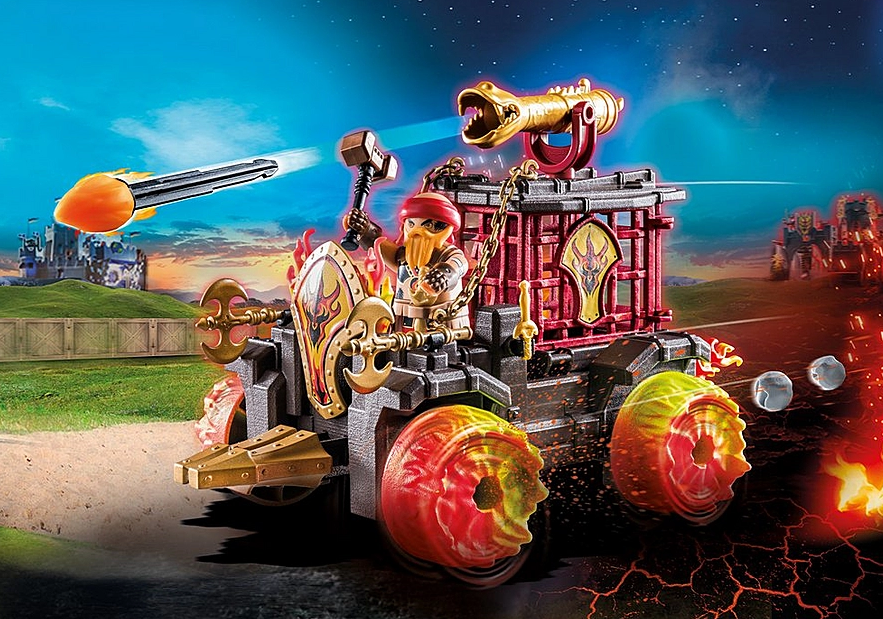 Novelmore | Battering Ram toy with cannon firing flame projectile and ejector seat in action on fiery battlefield.