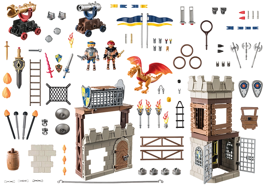 Novelmore | Tournament Arena set with knights, weapons, cannons, dragon, flags, and castle tower for knight adventures.