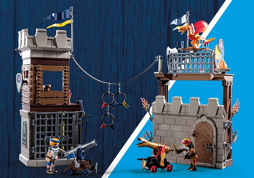 Novelmore | Tournament Arena featuring knights, cannons, and targets in a medieval duel setup with flags and trap doors.