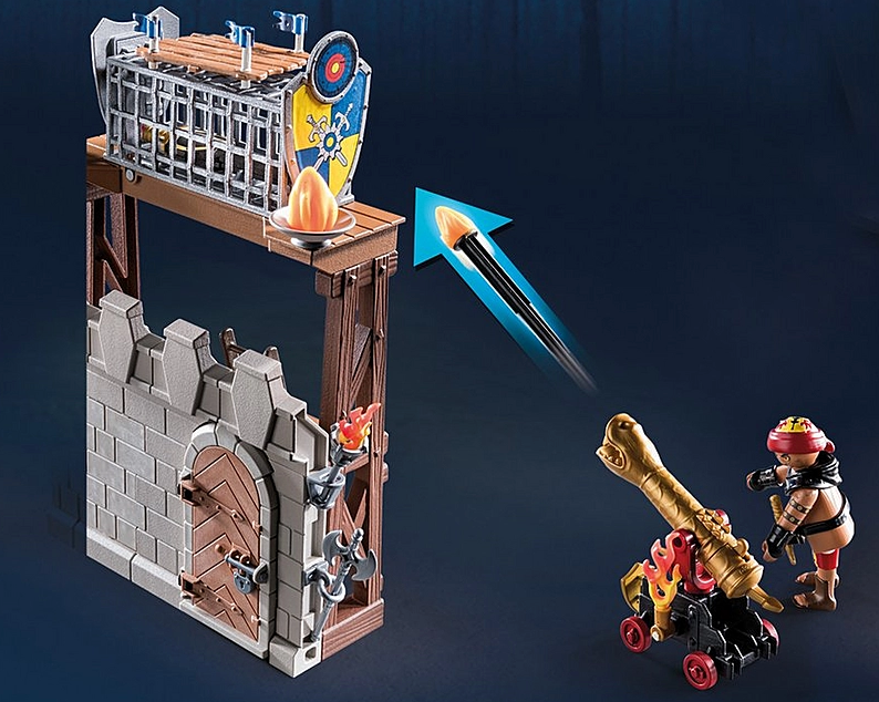 Novelmore | Tournament Arena with knight figure firing a cannon at target atop a medieval-style playset.