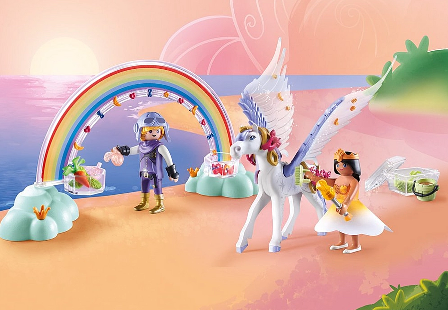 Princess Magic | Rainbow Pegasus Caring Set with princess, Pegasus, rainbow arch, and accessories for care and decoration.