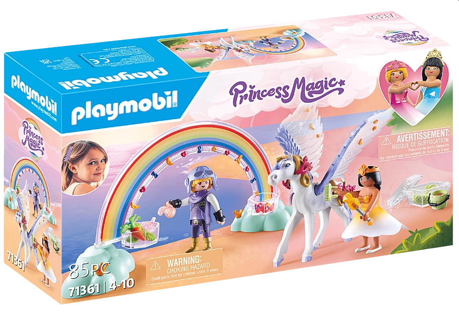 Princess Magic | Rainbow Pegasus Caring Set with rainbow, pegasus, princess figures, and accessories for feeding and grooming.