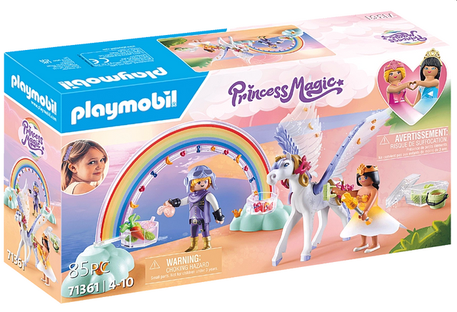 Princess Magic | Rainbow Pegasus Caring Set with rainbow, pegasus, princess figures, and accessories for feeding and grooming.