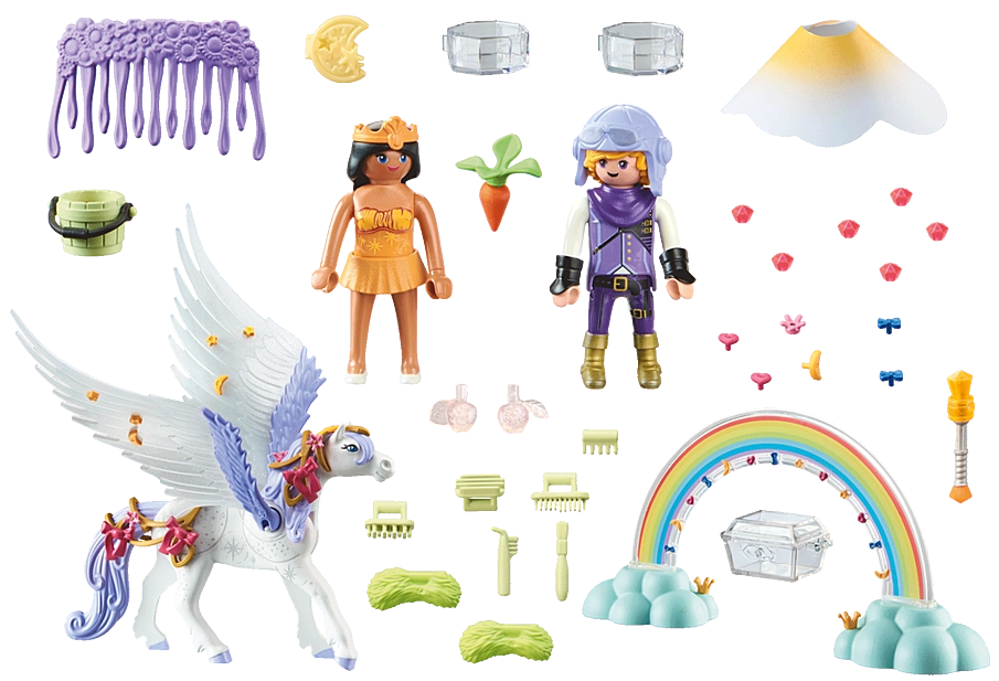 Princess Magic | Rainbow Pegasus Caring Set with rainbow, pegasus, princess, accessories, and jewelry pins for grooming and decoration.