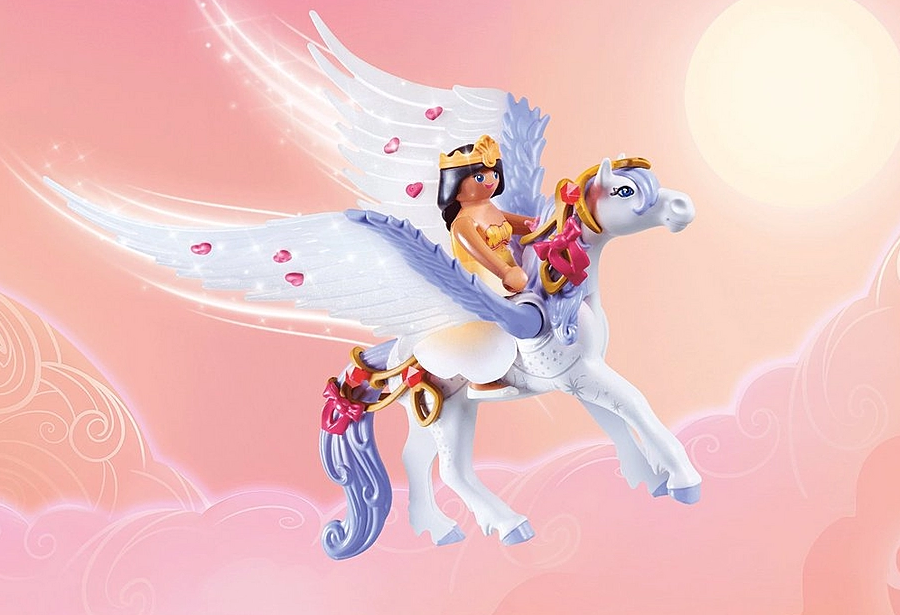 Princess Magic | Rainbow Pegasus Caring Set with rainbow princess riding a decorated Pegasus against a sunset sky background