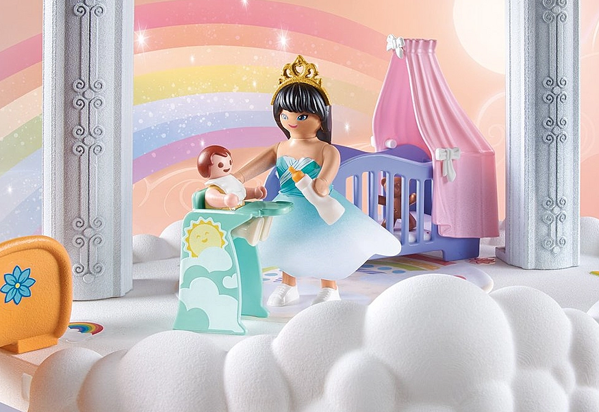 Princess Magic | Baby Room in the Clouds set with princess, baby cradle, rainbow, and playful cloud scene.