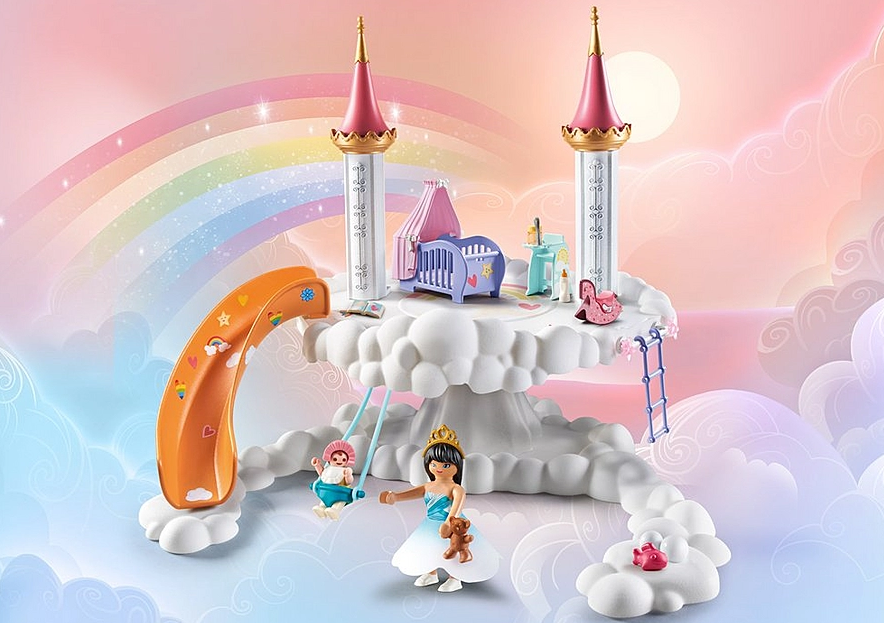 Princess Magic | Baby Room in the Clouds featuring a cloud playset with slide, cradle, princess figure, and rainbow background.