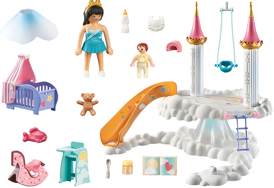 Princess Magic | Baby Room in the Clouds playset with princess figure, baby, cradle, slide, swing, and accessories in a cloud-themed scene.