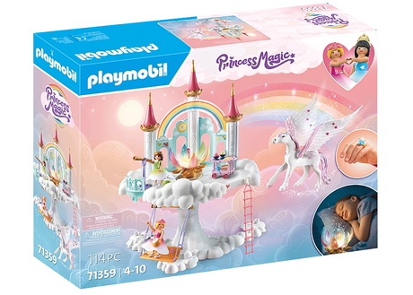 Princess Magic | Rainbow Castle in the Clouds playset with princesses, Pegasus, sky swing, and glowing rainbow flower toy.