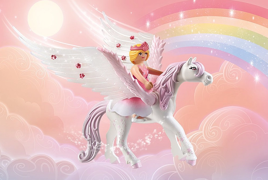 Princess Magic | Rainbow Castle in the Clouds features a winged princess riding a white Pegasus in a colorful rainbow sky.