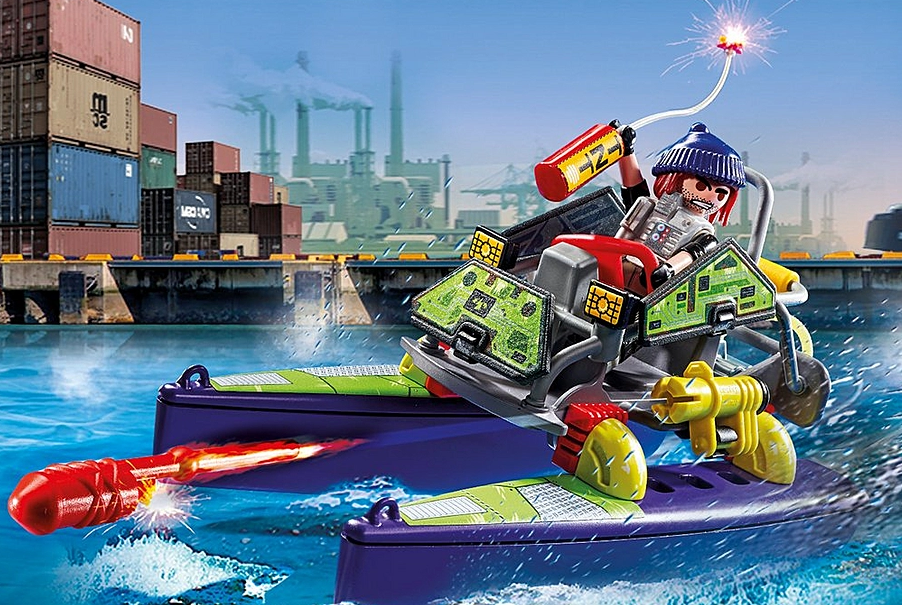 City Action | Tactical Unit Multi-Terrain Quad toy transforming from land to watercraft with action figure holding dynamite.