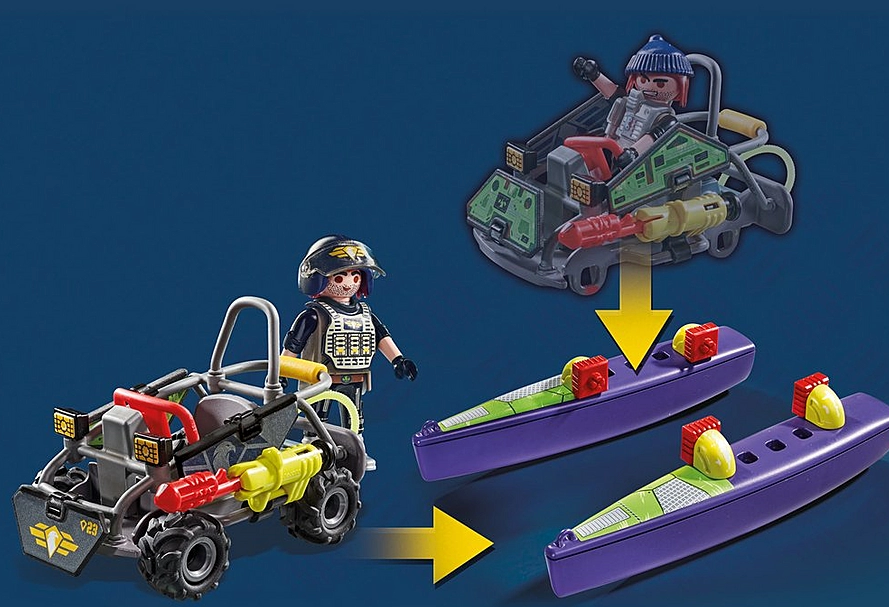 City Action | Tactical Unit Multi-Terrain Quad showcasing transformation from quad to watercraft with action figure included.