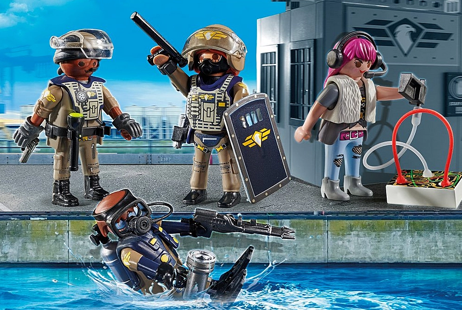 City Action | Tactical Unit Figures showing tactical diver, officers, and crook with gear by the dock and water.