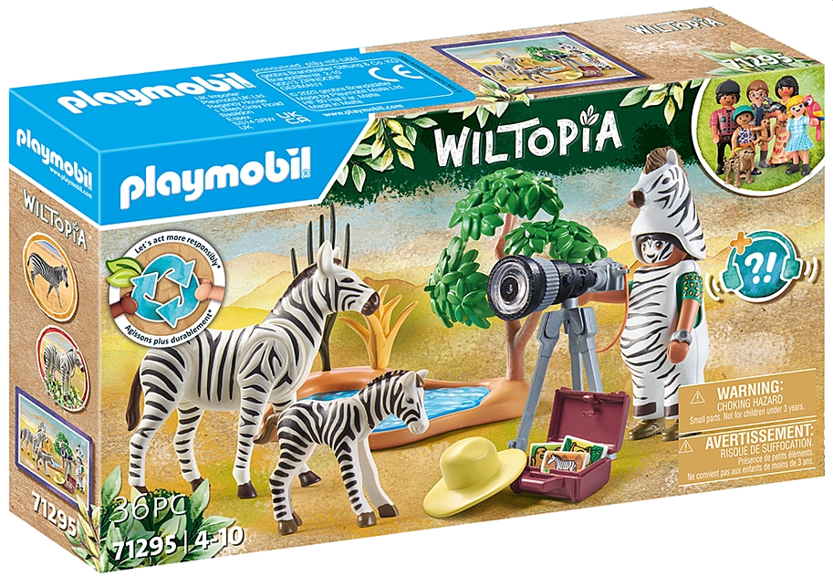Playmobil Wiltopia Animal Photographer set with Sofia in zebra costume, zebra and foal, camera, and watering hole playset.