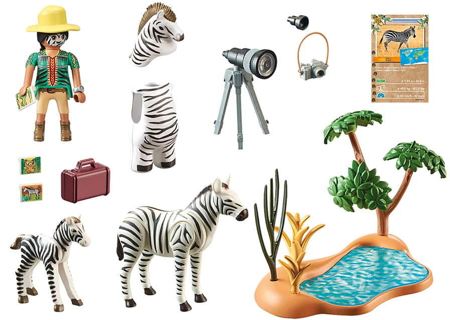 Wiltopia Animal Photographer playset with zebra figures, costume, camera, tripod, and watering hole accessories from PLAYMOBIL.