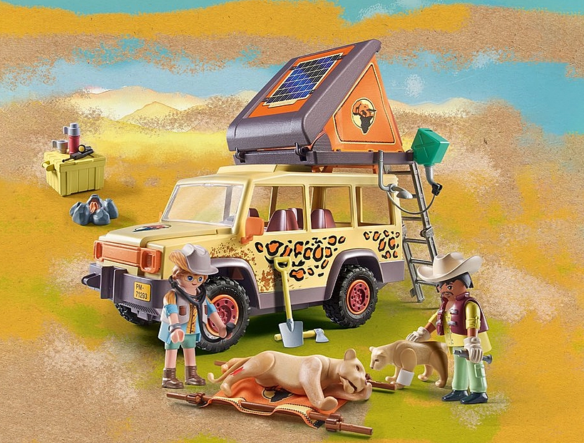 Wiltopia Cross-Country Vehicle & Lions with solar-powered off-road vehicle, veterinarian figures, and injured lion toy playset.