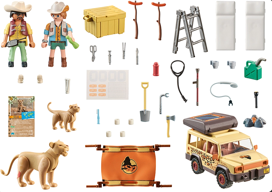 Wiltopia Cross-Country Vehicle & Lions with veterinarian figures, solar-powered vehicle, injured lion, and safari accessories playset.