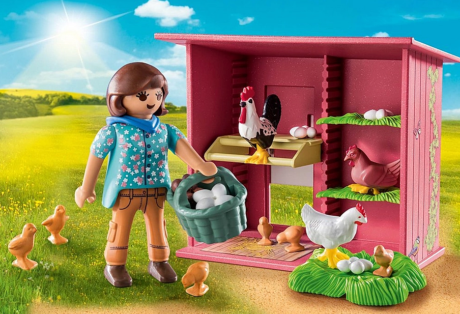 Country | Chicken Coop with PLAYMOBIL figure, hen house, rooster, hens, chicks, eggs, and colorful stickers.