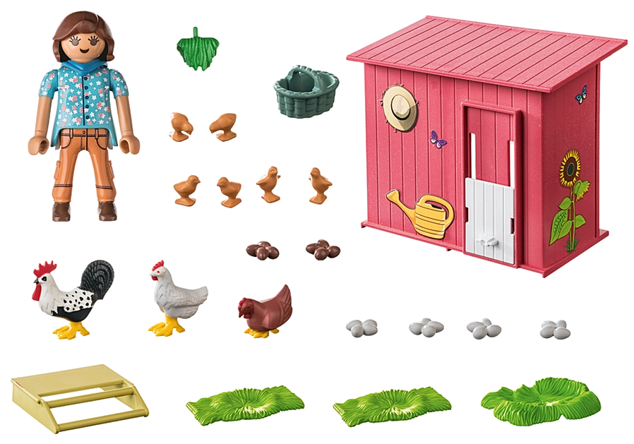 Country | Chicken Coop playset with hen house, rooster, hens, chicks, figure, and farm accessories on white background.