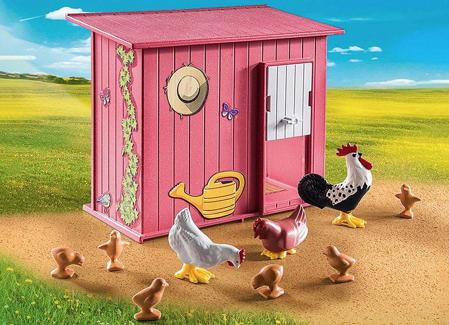 Country | Chicken Coop playset with pink hen house, rooster, hens, and chicks on a farm background.