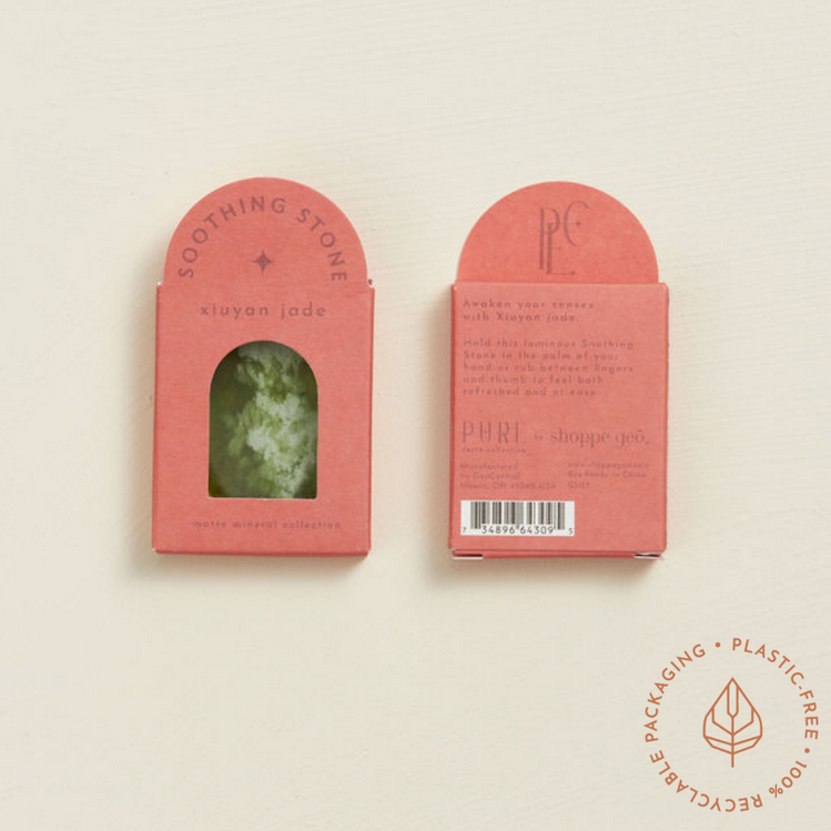 Soothing Stone | Xiuyan Jade with matte finish in eco-friendly pink packaging for wellness and mindfulness.