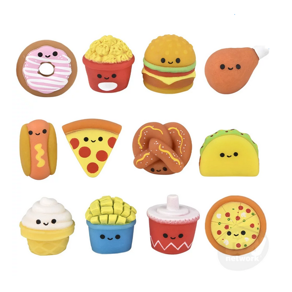 Gummy Fast Food assorted styles small fidget toys with cute faces including burger, pizza, taco, and donut.