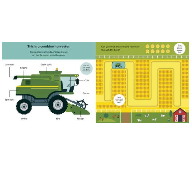 Make Tracks: Farm interactive board book page teaching kids about a combine harvester and farm vehicle tracks.