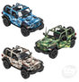 Three 2018 Jeep Wrangler Rubicon Camo toy cars in blue, green, and brown with functional doors and pull-back action.