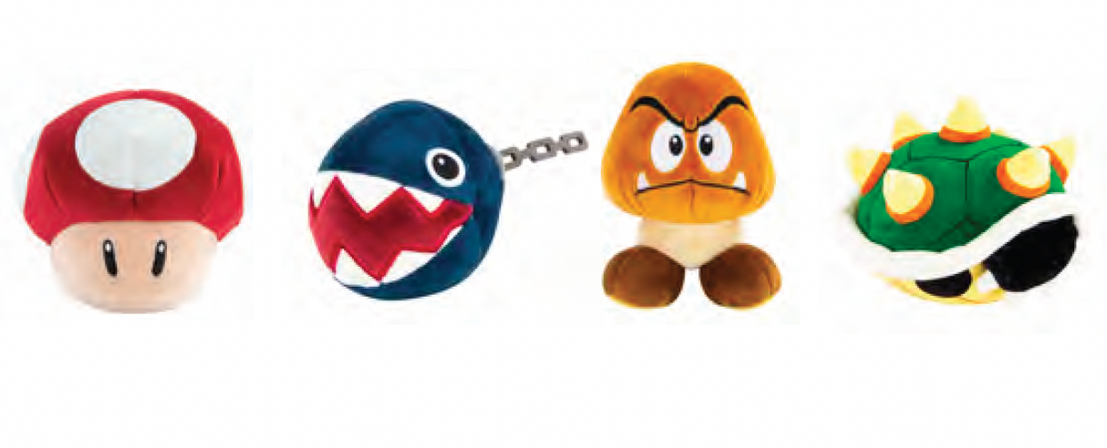 Super Mario Junior Character plush toys including Mushroom, Chain Chomp, Goomba, and Koopa Shell, each sold separately.