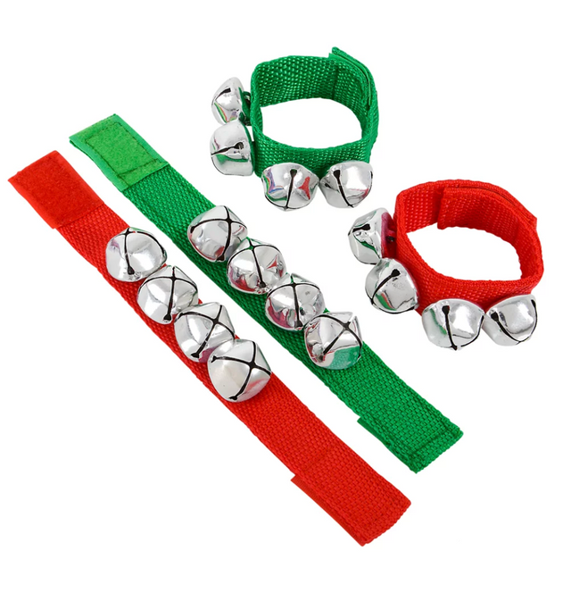 Jingle Bell Band Bracelet in red and green with silver bells, perfect for holiday party favors and festive events.