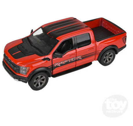 Red 5" Diecast Pull Back 2022 Ford F-150 Raptor Livery Edition with openable doors and detailed design.