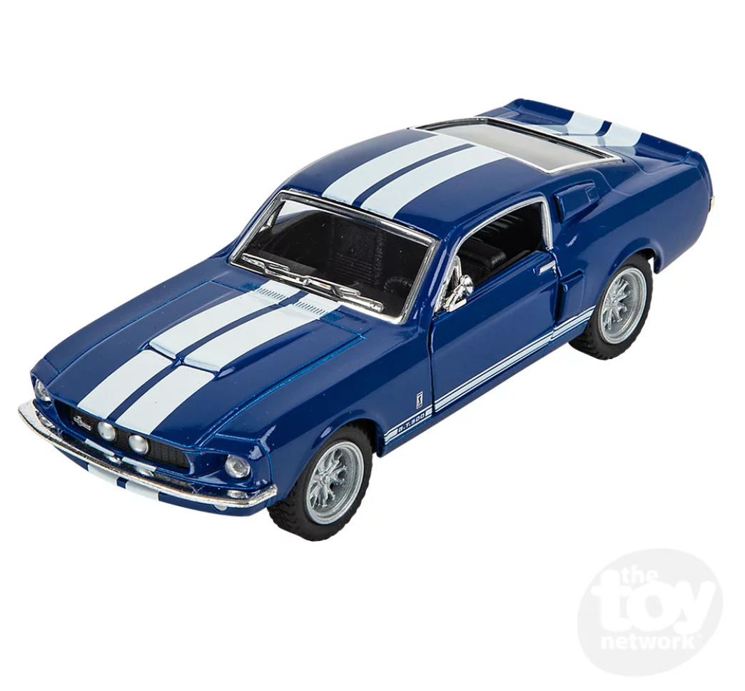 Shelby GT500 1967 die-cast model car in blue with white stripes and opening doors, pulling back to drive forward.
